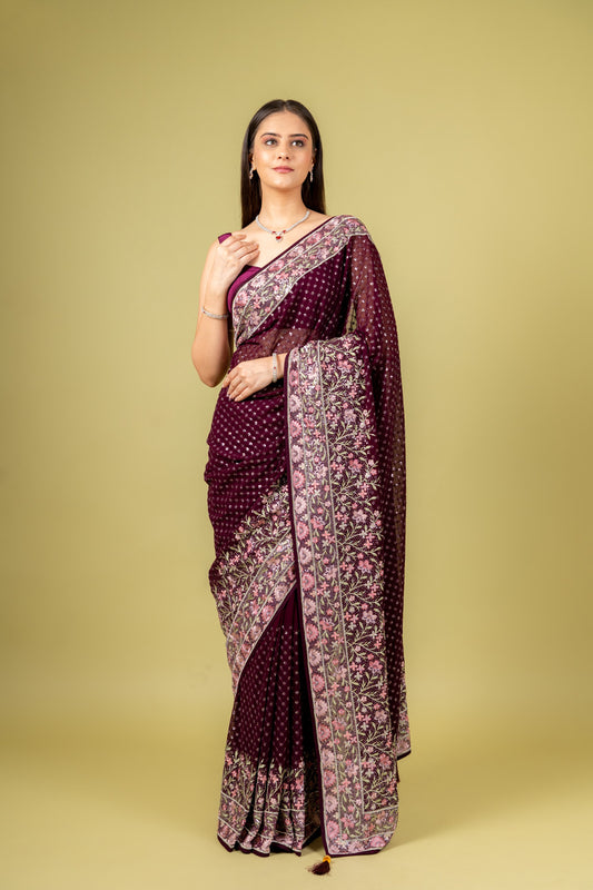 Regal And Radiant Garnet Organza Floral Saree With Unstitched Blouse