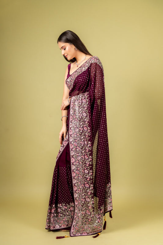 Regal And Radiant Garnet Organza Floral Saree With Unstitched Blouse