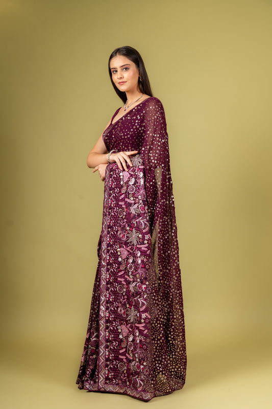 Regal And Radiant Garnet Georgette Floral Saree With Unstitched Blouse