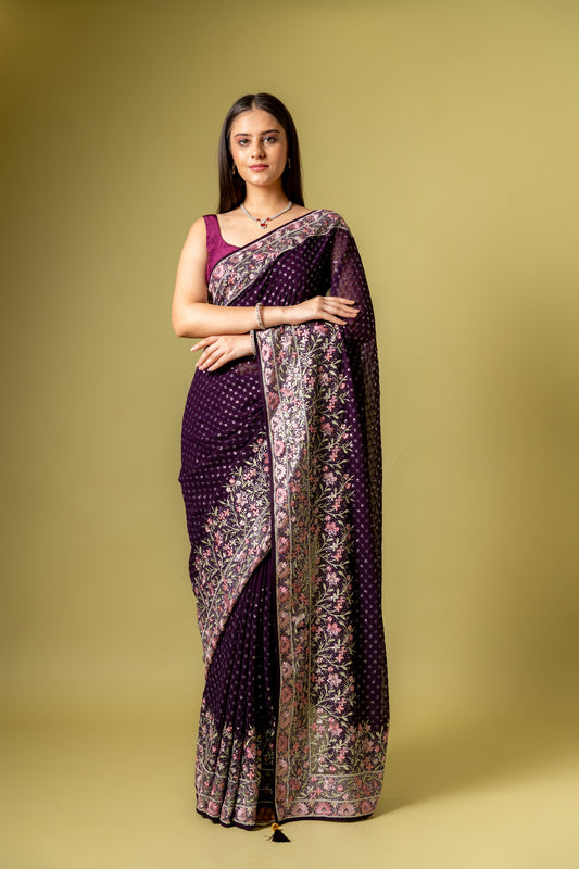 Deep Hues Wine Organza Saree With Unstitched Blouse