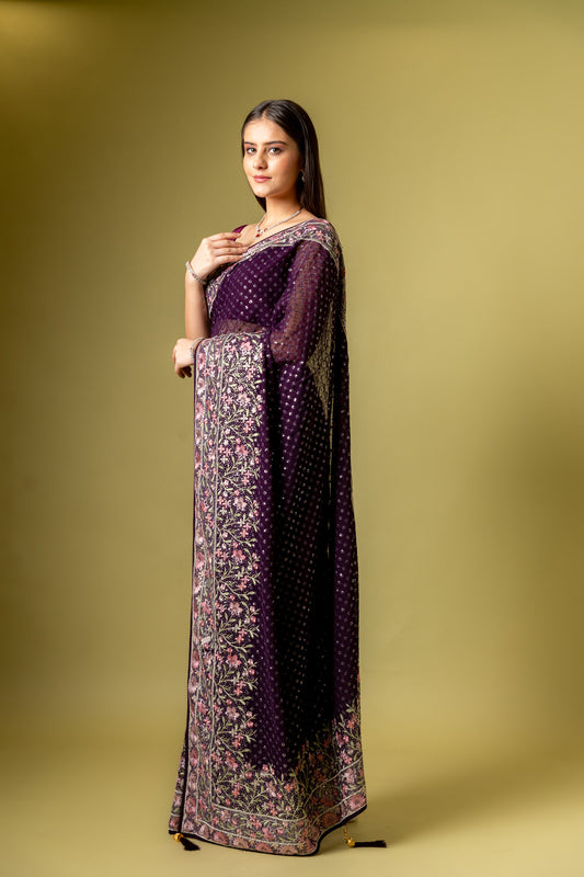 Deep Hues Wine Organza Saree With Unstitched Blouse