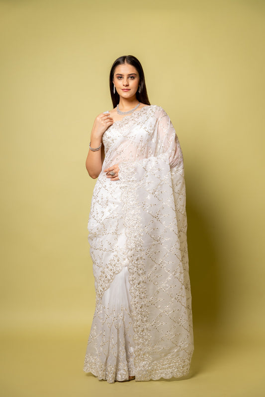 Effortlessly Beautiful Off White Organza Jaal Print Saree With Unstitched Blouse