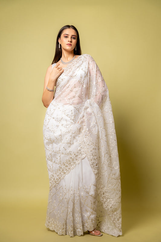 Effortlessly Beautiful Off White Organza Jaal Print Saree With Unstitched Blouse
