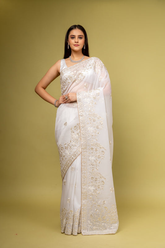 Effortlessly Beautiful Off White Organza Saree With Unstitched Blouse