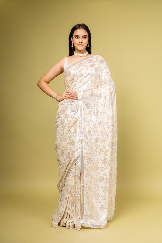 Effortlessly Beautiful Off White Georgette Floral Saree With Unstitched Blouse