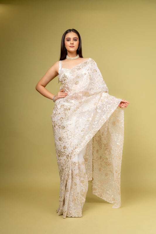 Effortlessly Beautiful Off White Organza Floral Saree With Unstitched Blouse