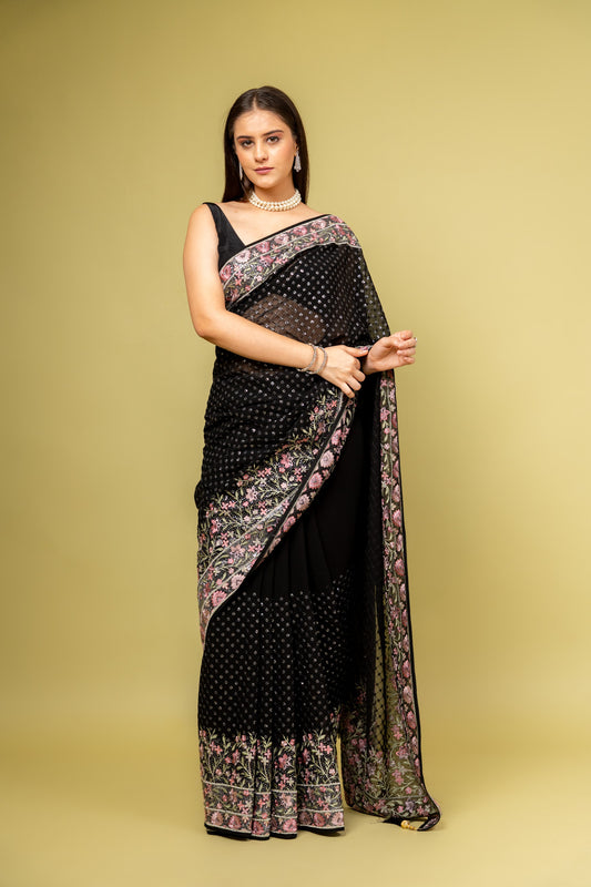 Bold Statement Black Organza Saree With Unstitched Blouse