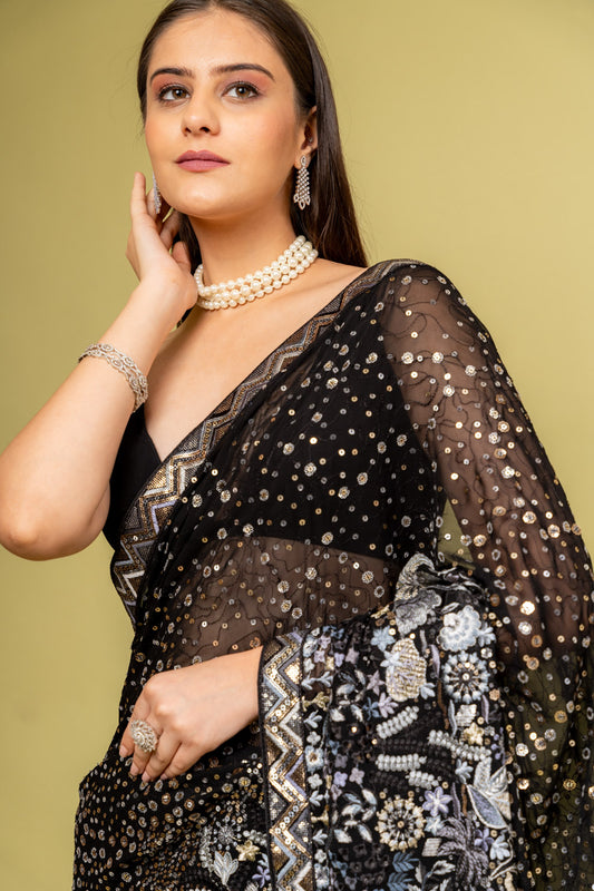 Bold Statement Black Georgette Saree With Unstitched Blouse