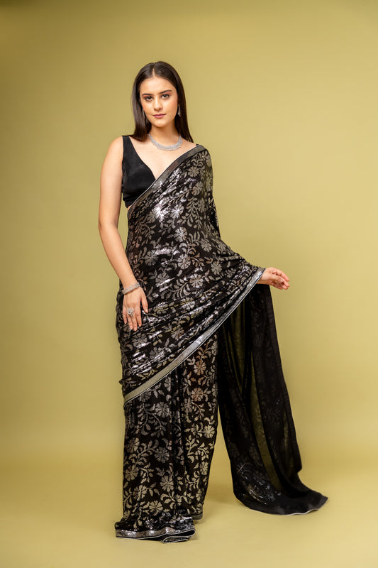 Bold Statement Black Georgette Floral Saree With Unstitched Blouse