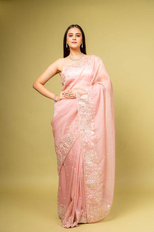 Glow Different In Gajari Organza Saree With Unstitched Blouse