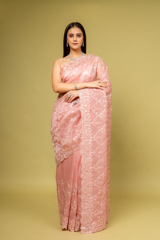 Panna Glow Different In Gajari Organza Jaal Print Saree With Unstitched Blouse