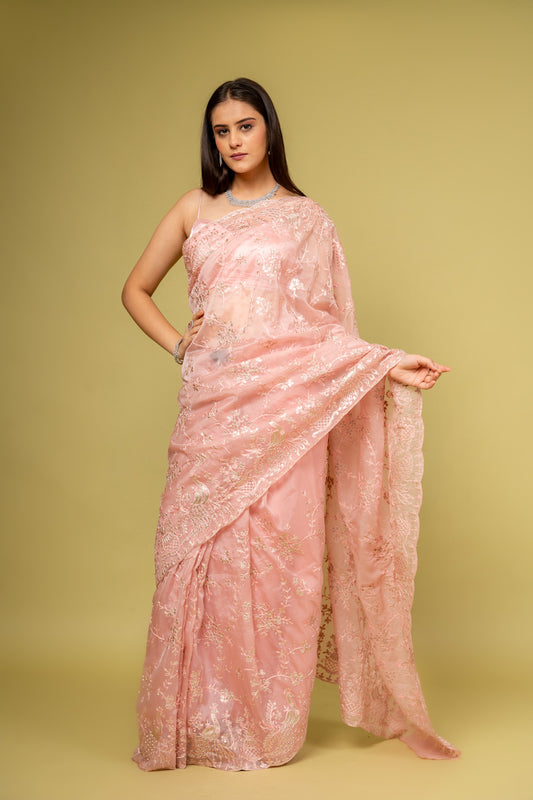 Glow Different In Gajari Organza Floral Saree With Unstitched Blouse