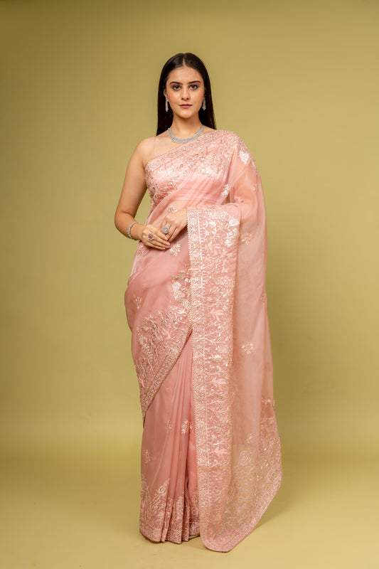 Panna Glow Different In Gajari Organza Floral Saree With Unstitched Blouse