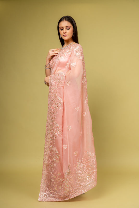 Panna Glow Different In Gajari Organza Floral Saree With Unstitched Blouse