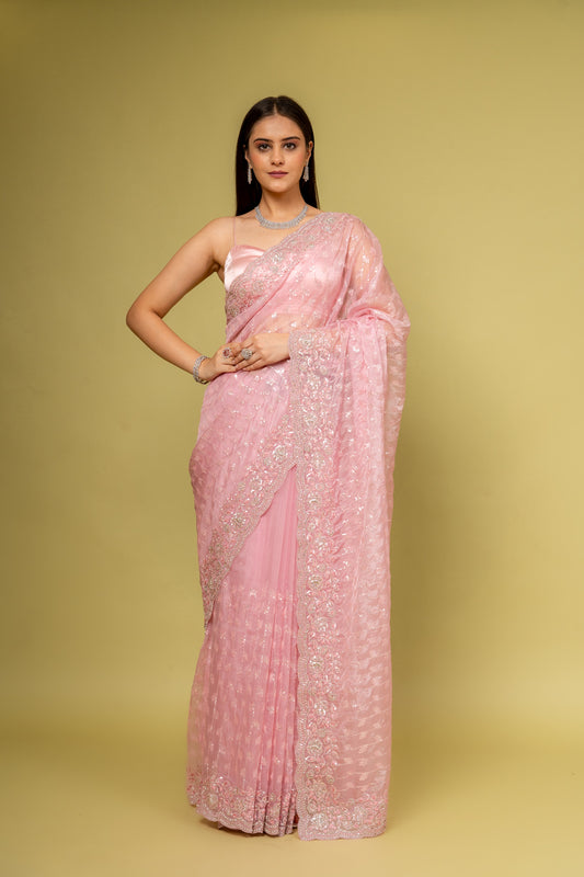 Glow Different In Gajari Organza Floral Saree With Unstitched Blouse