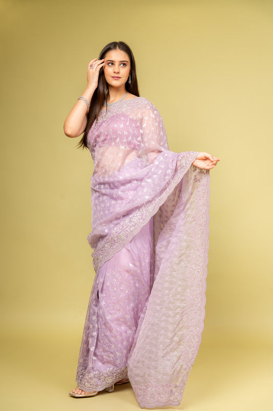 Delicate And Dreamy Mauve Organza Saree With Unstitched Blouse