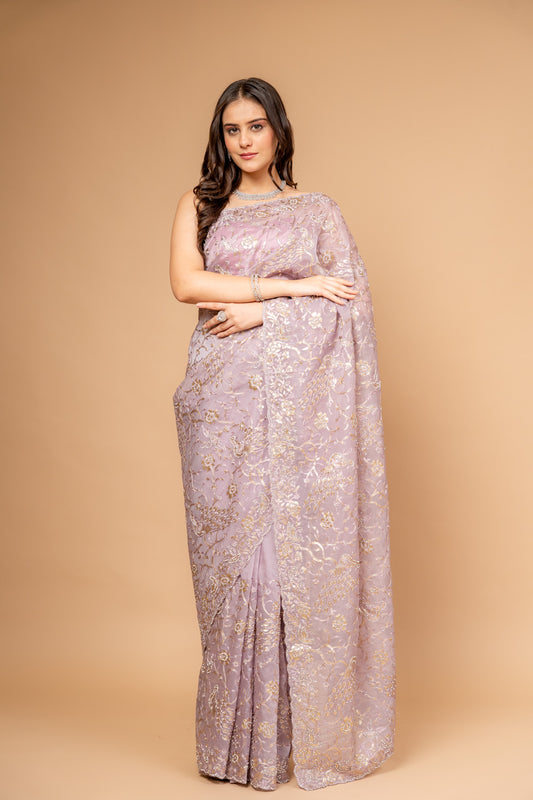 Delicate And Dreamy Mauve Organza Floral Saree With Unstitched Blouse