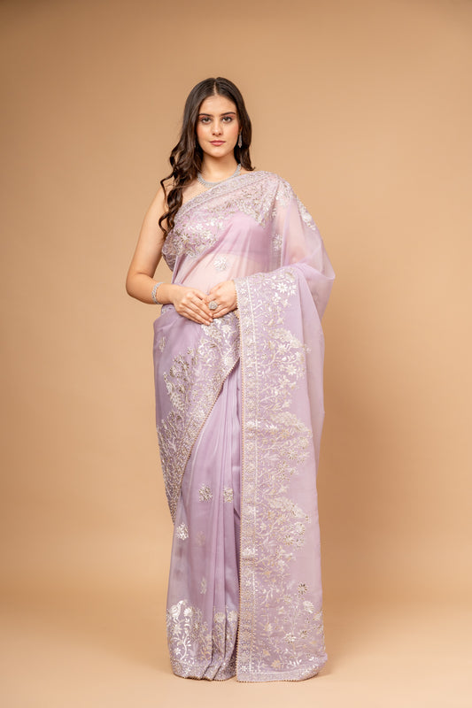 Stunningly Unique Onion Organza Floral Saree With Unstitched Blouse