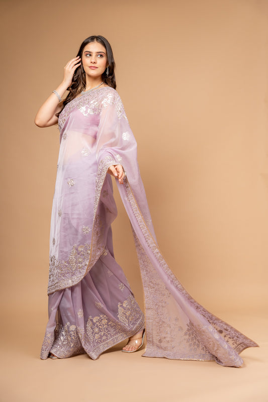 Stunningly Unique Onion Organza Floral Saree With Unstitched Blouse