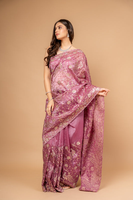Charm Of Dark Gajari Organza Floral Saree With Unstitched Blouse