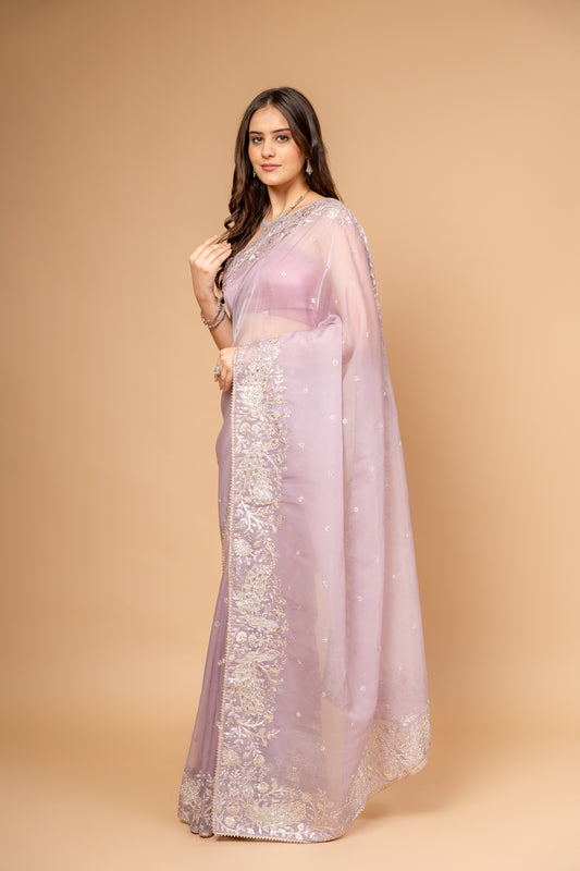 Delicate And Dreamy Mauve Organza Saree With Unstitched Blouse