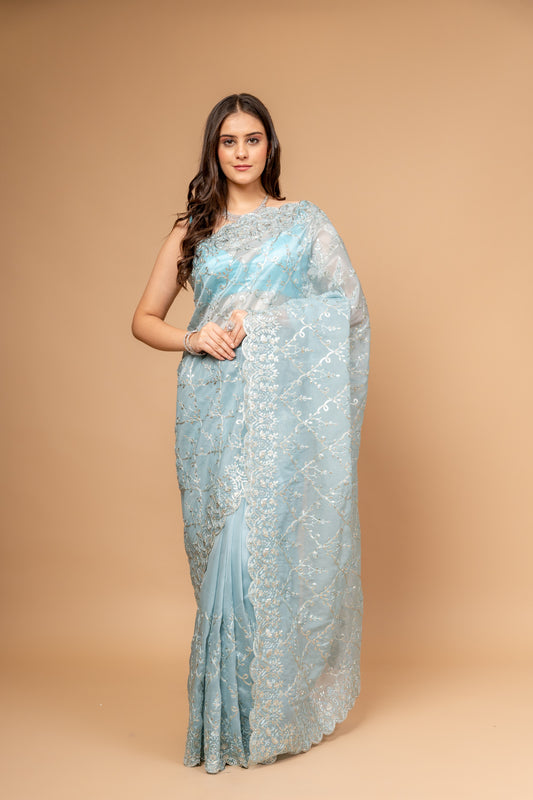 Timelessly Yours Sky Blue Organza Jaal Print Saree With Unstitched Blouse