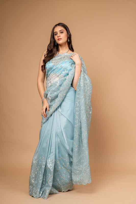 Timelessly Yours Sky Blue Organza Jaal Print Saree With Unstitched Blouse