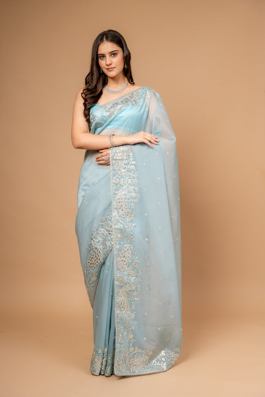 Timelessly Yours Sky Blue Organza Saree With Peacock Embroidery and Unstitched Blouse