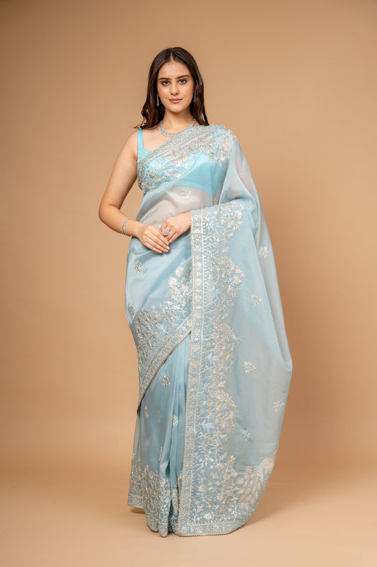 Timelessly Yours Sky Blue Organza Saree With Unstitched Blouse