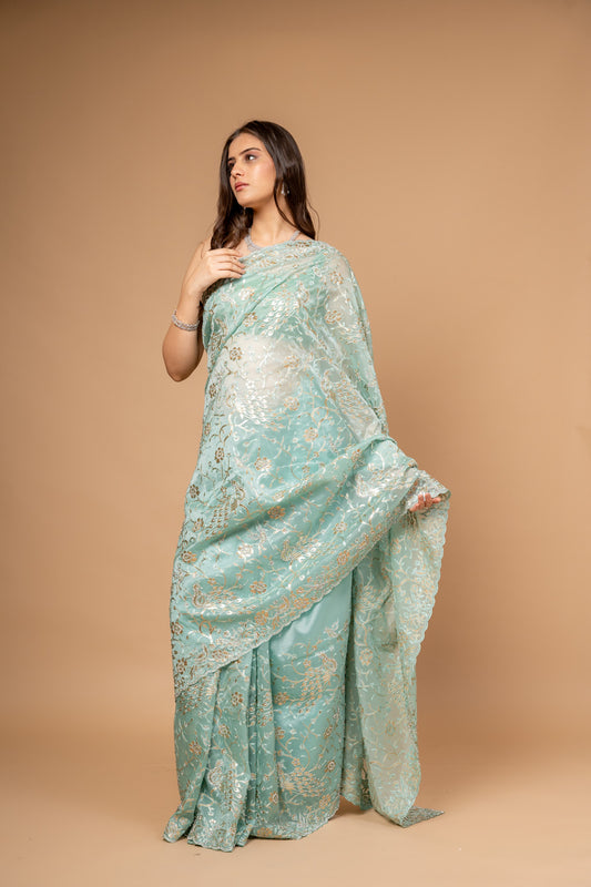 Royal Heritage Tea-green Organza Floral Saree With Unstitched Blouse