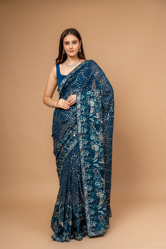 Statement Look Peacock Georgette Saree With Unstitched Blouse