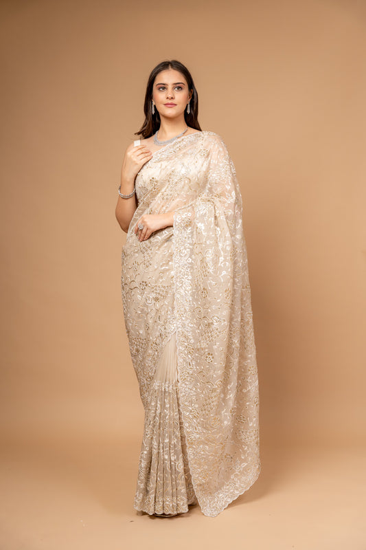 Timeless Beauty Tussar Organza Floral Saree And Woven Zari Border With Unstitched Blouse