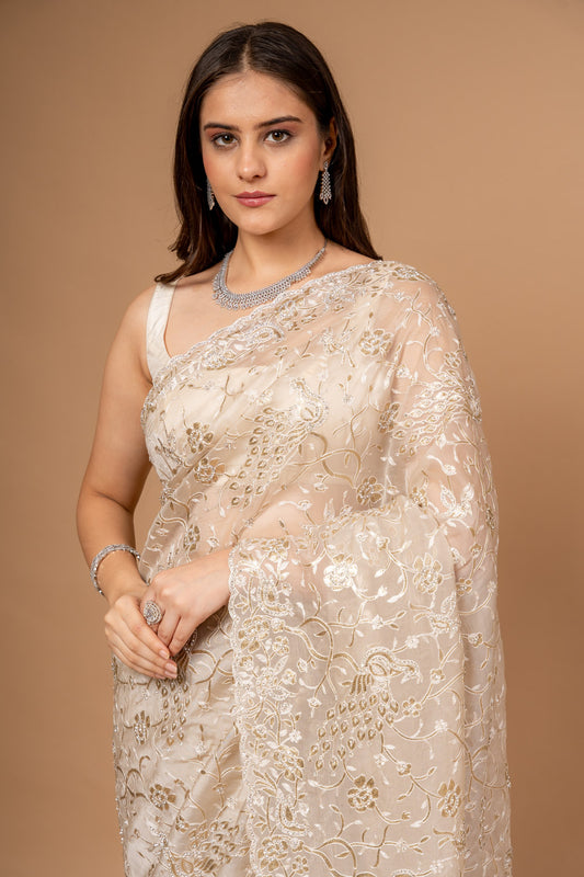 Timeless Beauty Tussar Organza Floral Saree And Woven Zari Border With Unstitched Blouse