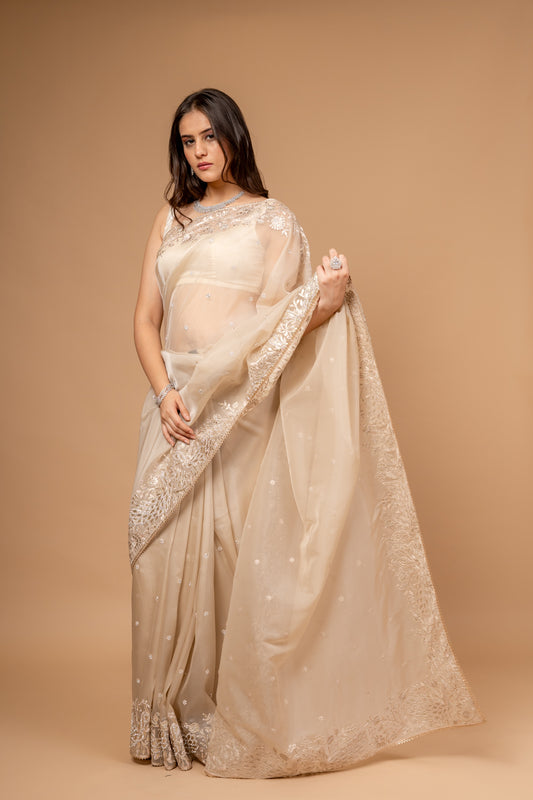 Timeless Beauty Tussar Organza Saree And Woven Zari Border With Unstitched Blouse