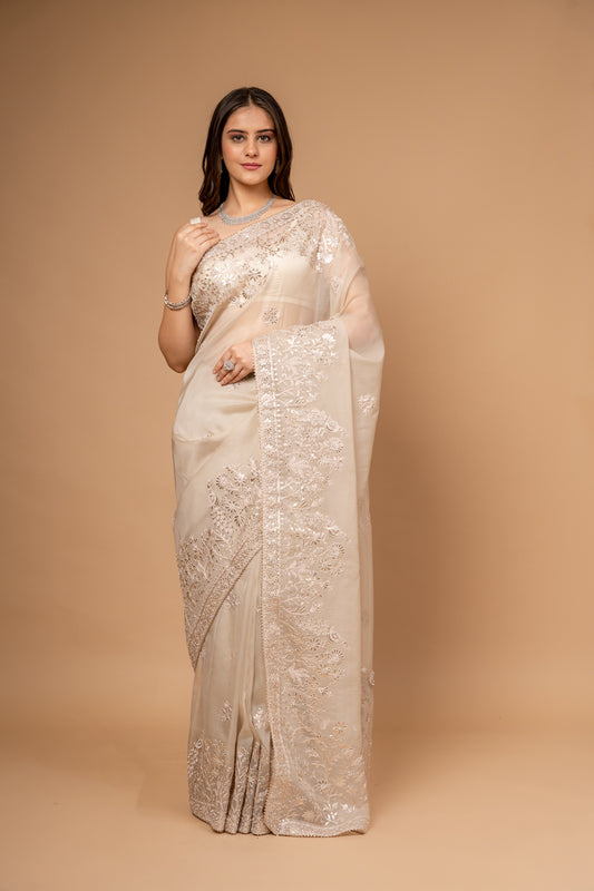 Timeless Beauty Tussar Organza Saree And Woven Zari Border With Unstitched Blouse
