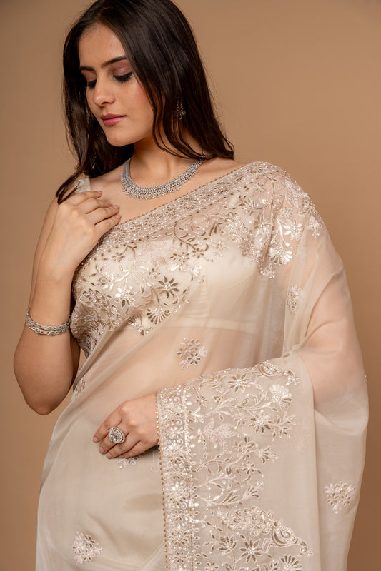 Timeless Beauty Tussar Organza Saree And Woven Zari Border With Unstitched Blouse