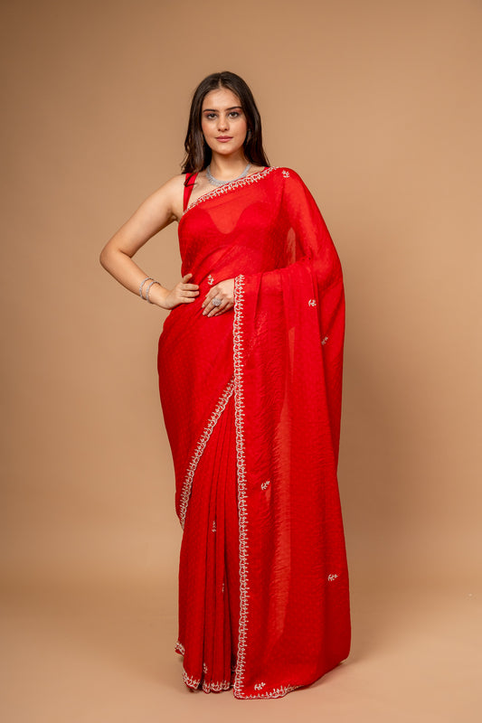 Grace Redefined Red Banarasi Saree And Zari Border With Unstitched Blouse