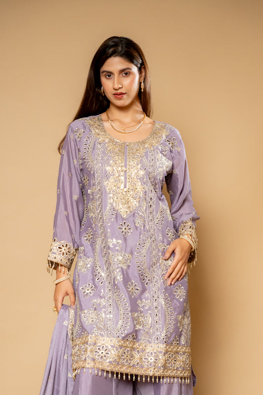 Mauve Chinon Readymade Suit And Palazzo With Chinon Dupatta