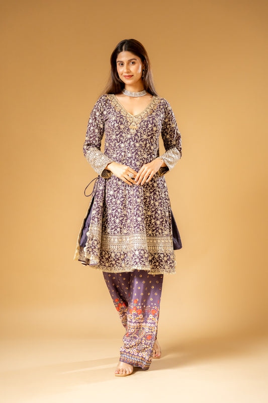 Garnet Georgette Readymade Suit And Palazzo With Crepe Dupatta