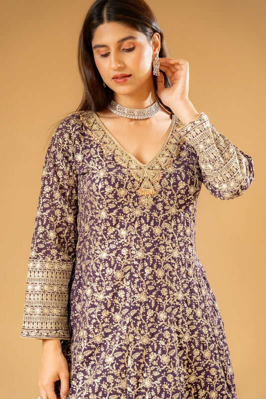 Garnet Georgette Readymade Suit And Palazzo With Crepe Dupatta