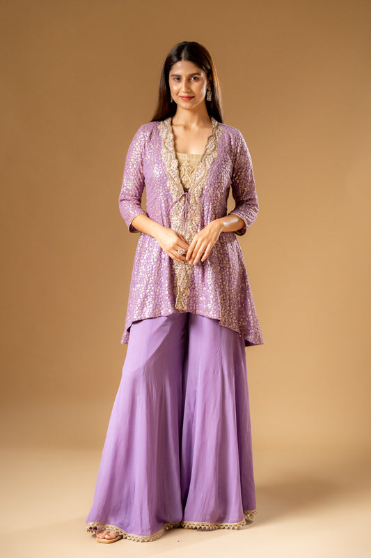Mauve Georgette Readymade Sharara Set With Shrug