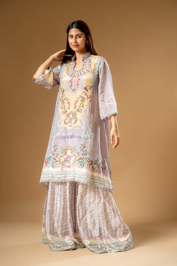 Mauve Crepe Readymade Suit With Palazzo