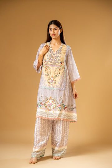 Mauve Crepe Readymade Suit With Palazzo