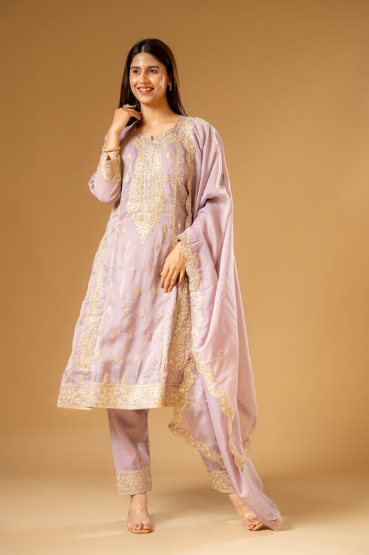 Mauve Shimmer Readymade Suit And Pant With Chinon Dupatta