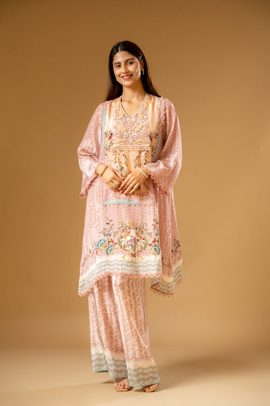 Peach Crepe Readymade Suit With Palazzo