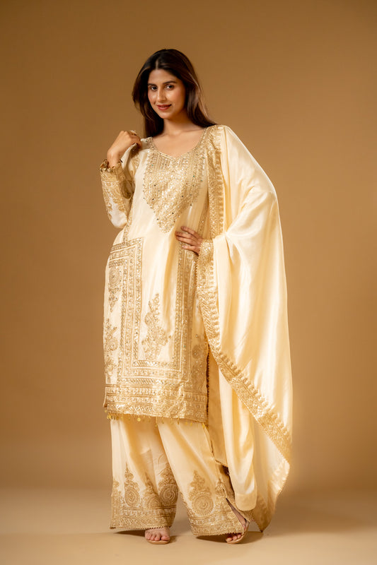 Tussar Chinon Readymade Suit And Palazzo With Chinon Dupatta