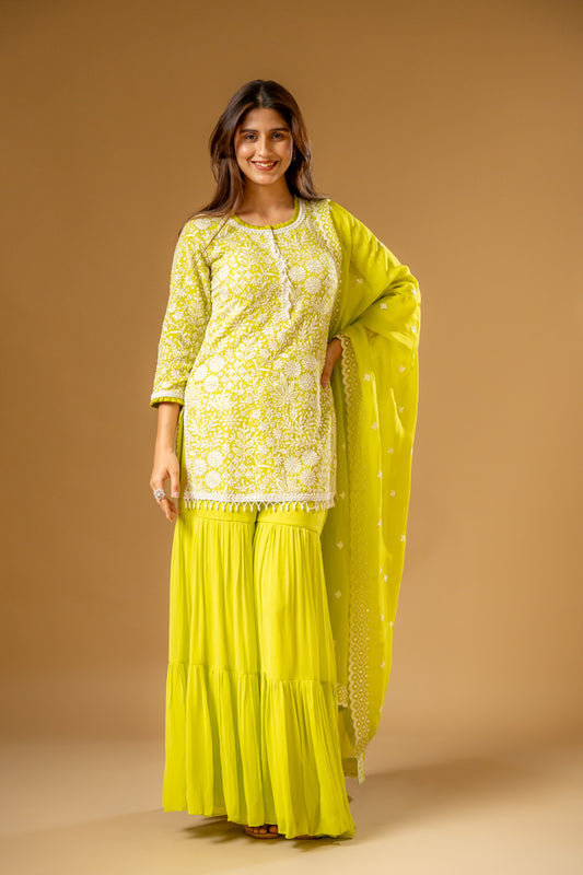 Pista Georgette Readymade Sharara Set With Organza Dupatta