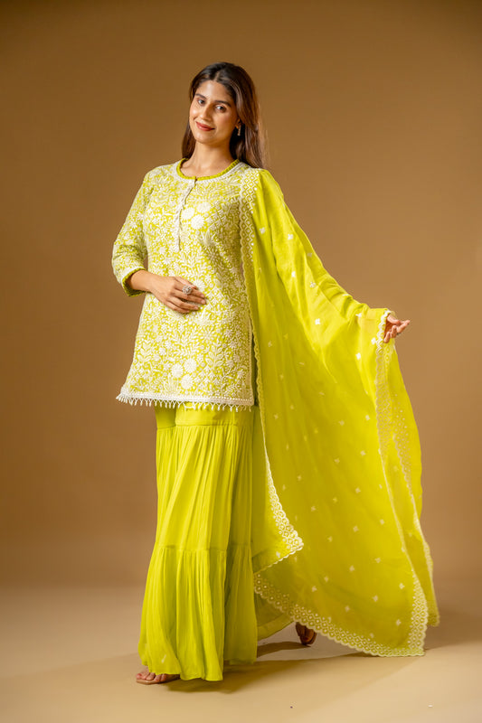 Pista Georgette Readymade Sharara Set With Organza Dupatta
