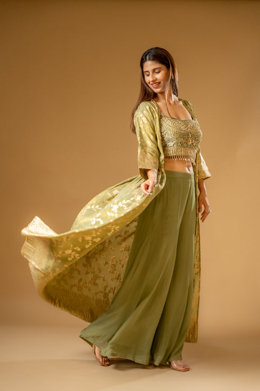 Pista Georgette Tissue Readymade Sharara Set With Shrug