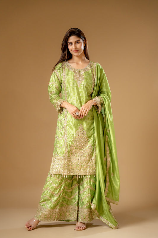 Pista Chinon Readymade Sharara Set With Chinon Dupatta